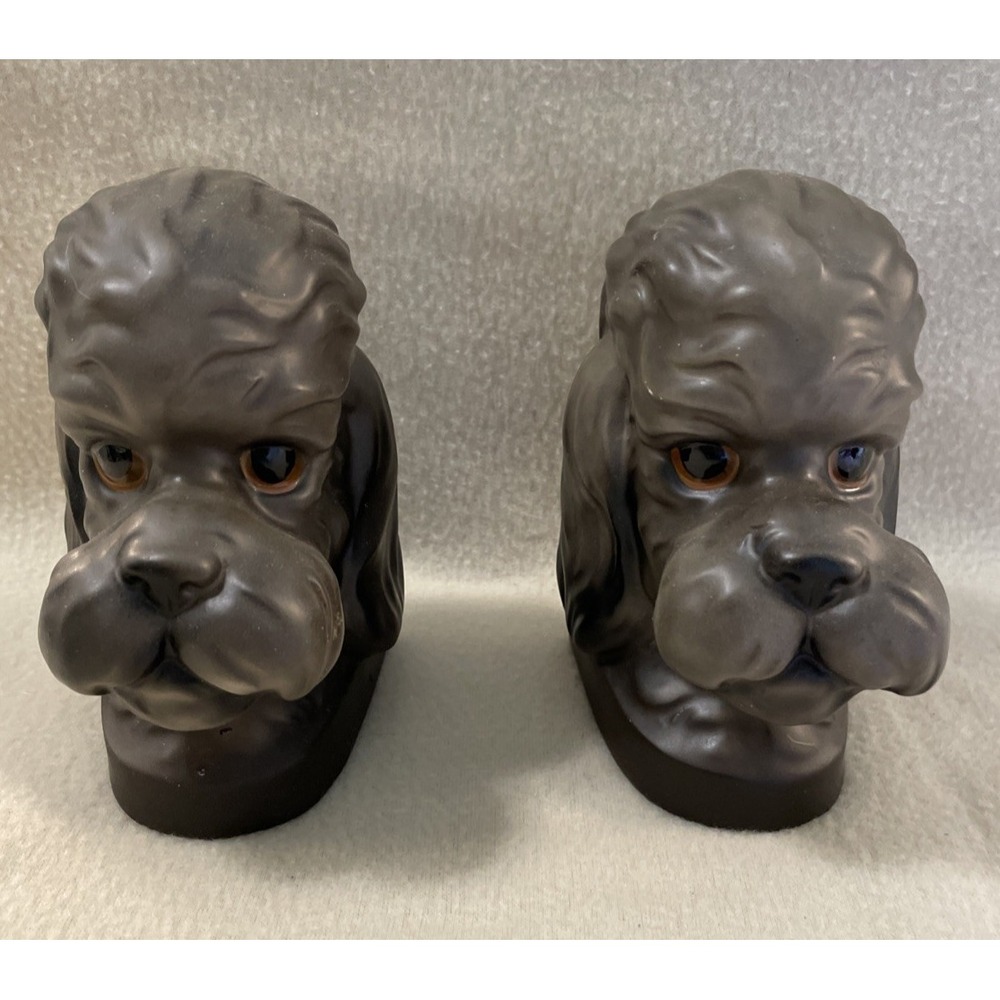 Norleans Japan Poodle Dog Head Vintage MCM Set Book Ends 5.5" Tall Brown Black